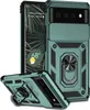 A teal phone case with a sliding camera cover and a ring stand is displayed with a phone inside it. Produktbild-Vorschau