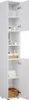 A tall, narrow white cabinet with its doors open, displaying shelves with various items. Voir les images du produit