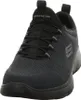 A close-up, front-facing view of a black Skechers sneaker. Voir les images du produit