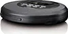 A black portable CD player with a textured gray top surface, shown from a diagonal angle on a reflective white surface. Produktbild-Vorschau
