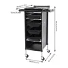 A black salon trolley with multiple drawers and wheels, shown with dimensions indicated by measurement lines and text. Voir les images du produit