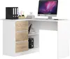 A white corner desk with wood-effect drawers and shelves, featuring a computer monitor and office supplies. Anteprima dell’immagine prodotto