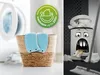 A split image showing a laundry basket with cleaning cloths on the left and a cartoon trash can eating money on the right. Produktbild-Vorschau