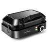 A black waffle maker is shown from a slight diagonal angle against a white background. Produktbild-Vorschau