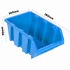A blue plastic storage bin with dimensions indicated by text overlays. Produktbild-Vorschau