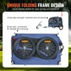 A blue pet trailer shown in a folded state with its wheels detached, with overlaid text highlighting its features. Voir les images du produit