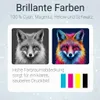 Marketing image showing a comparison of black and white vs. vibrant color printing, with text highlighting color quality and ink coverage. Produktbild-Vorschau