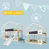 Two bunk beds with house-shaped frames, one with a slide, against a light blue background with decorative bunting. Náhled obrázku produktu
