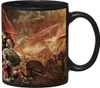 A black mug with a detailed, action-packed illustration of a battle scene from Doom The Dark Ages. Náhled obrázku produktu