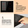 A collage of images showcasing an induction cooktop, its features, and a hand interacting with its controls. Produktbild-Vorschau