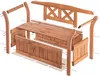 An exploded view of a wooden park bench, showing all the individual components and hardware for assembly. Produktbild-Vorschau