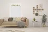 A living room scene with a sofa, window blinds, a small table, and decorative wall art. Produktbild-Vorschau