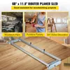 A collage showing a woodworking plant, a person working on furniture, a room under renovation, and a router planer sled on a wooden table. Produktbild-Vorschau