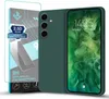 A green phone case and screen protector are displayed next to a smartphone. Produktbild-Vorschau