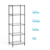 A black metal shelving unit with five shelves, shown against a white background. Text labels indicating shelf type, mounting type, room type, and material are present to the right of the shelving unit. Produktbild-Vorschau