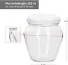 A clear glass jar with a white lid, showing dimensions and a close-up of a glass relief detail. Produktbild-Vorschau