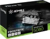 The image shows the retail packaging for a GeForce RTX 5080 graphics card, specifically the INNO3D ICHILL FROSTBITE model. The box features a dynamic design with water splashing and a clear image of the graphics card's water block. Podgląd zdjęcia produktu