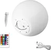 A white LED light sphere with accessories including a stake, remote control, and charging cable, displayed against a white background. Produktbild-Vorschau