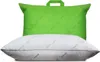 A white pillow with green text and a green pillowcase behind it. Produktbild-Vorschau