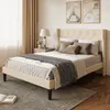 A bedroom scene with a bed, nightstand, lamp, and curtains. Produktbild-Vorschau