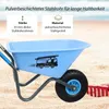 A blue children's wheelbarrow with a fire truck decal on a sandy beach with a red rake in the background. Produktbild-Vorschau