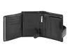 An open black leather wallet is displayed against a white background. Produktbild-Vorschau