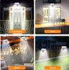 A collage of four images showing solar wall lights installed in different outdoor locations: a front door, a deck, a shed, and a fence. Produktbild-Vorschau