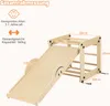 A wooden climbing set with a slide and ladder, with dimensions and age recommendations indicated by text and graphics. Podgląd zdjęcia produktu