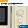 Close-up of the control panel of a cream-colored retro microwave, with text overlay highlighting its features. Produktbild-Vorschau