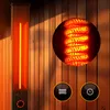 A vertical infrared heater is shown on a wooden wall, with a close-up of the heating element and two circular icons indicating features. Náhled obrázku produktu