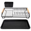 A black dish drying rack with wooden handles, a black utensil holder, and a black drip tray. Podgląd zdjęcia produktu
