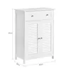 A white bathroom cabinet with louvered doors and a drawer, shown with dimensions indicated. Náhľad obrázku produktu