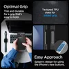 A person holding a phone case over a laptop keyboard, with close-ups of the case's features. Produktbild-Vorschau