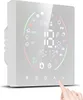 A white digital thermostat with a touch screen display showing various icons and temperature readings. A finger is touching the screen. Podgląd zdjęcia produktu