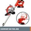 Close-up of an orange and silver electric grass trimmer, showing adjustable handle and cutting head. Produktbild-Vorschau