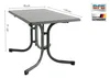 A gray folding table with black legs, shown from a side-angle with dimensions indicated. Produktbild-Vorschau
