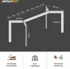 A technical drawing of a metal table frame with dimensions and feature icons. Podgląd zdjęcia produktu