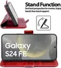 A red flip case for a Samsung Galaxy S24 FE phone, shown in both open and closed positions, with text highlighting its stand function. Produktbild-Vorschau