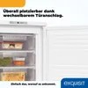 Close-up of an open freezer with food items inside, and marketing text overlay. Produktbild-Vorschau