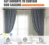 A window with curtains hung on a double curtain rod, with text overlays highlighting product features. Produktbild-Vorschau