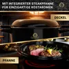 A split image showing a black pot with a lid in an oven and a close-up of steaks cooking in a pan. Produktbild-Vorschau