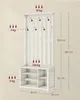 A white wooden coat rack with a shoe bench and shelves, with dimensions and weight capacity indicated by text and arrows. Produktbild-Vorschau