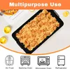 A baking tray filled with fried food, placed on a white surface with some decorative elements and icons at the bottom. Produktbild-Vorschau