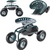 A collage of three images showing a green garden stool with wheels. Podgląd zdjęcia produktu