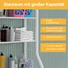 A shelf unit filled with various bathroom products, such as cleaning supplies, towels, and dispensers. There is also text overlaying the image highlighting product features. Produktbild-Vorschau
