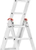 A close-up, front view of an aluminum folding ladder, isolated on a white background. The ladder is partially extended, showing its jointed structure and orange safety clasps. Produktbild-Vorschau