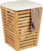 A laundry hamper with a cushioned lid, made of bamboo. Anteprima dell’immagine prodotto