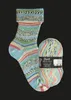 A knitted sock and a ball of yarn are displayed against a black background. Produktbild-Vorschau