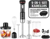 A collection of cordless hand blender accessories and the blender itself, displayed on a white background with promotional text. Produktbild-Vorschau