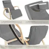A collage of four images showcasing a gray rocking chair with wooden accents, highlighting its features and materials. Náhled obrázku produktu